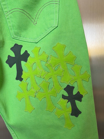 Chrome Hearts 2025 Levi’s 501 Neon Green & Black flooded Cross Patches Jeans