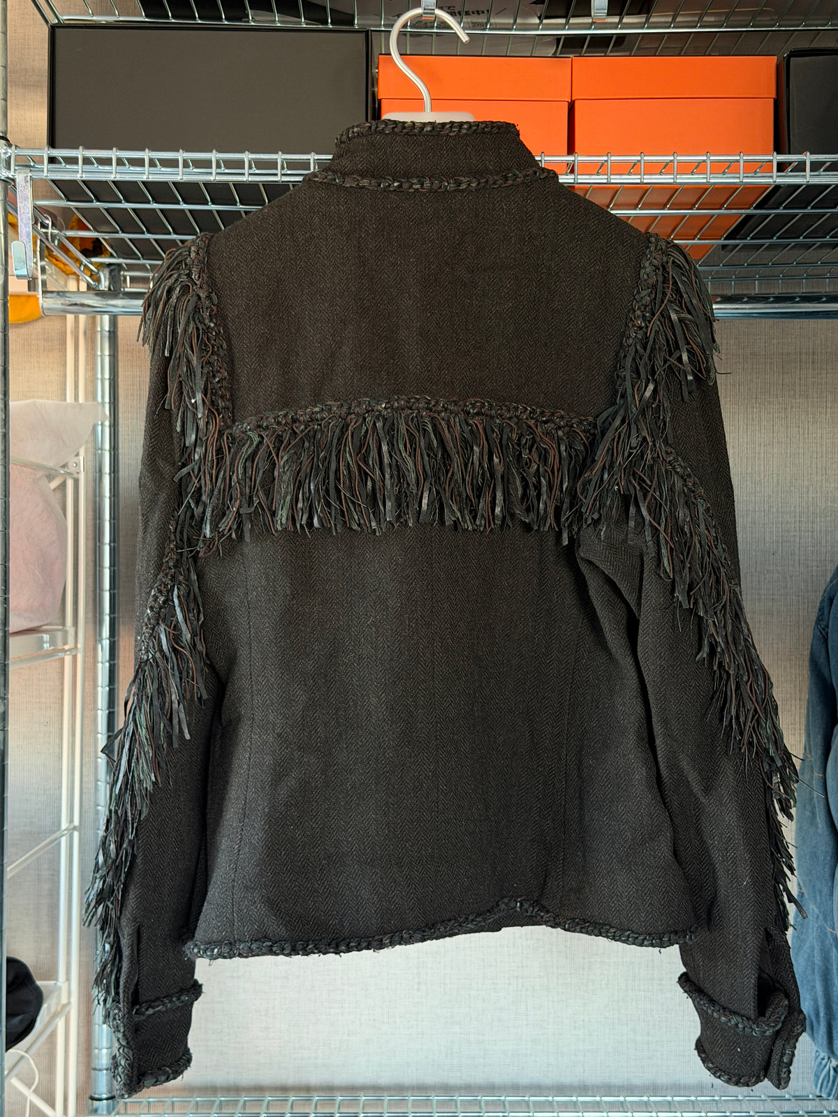 Chanel 2014A Dallas-Paris Leather Fringe Wool Jacket