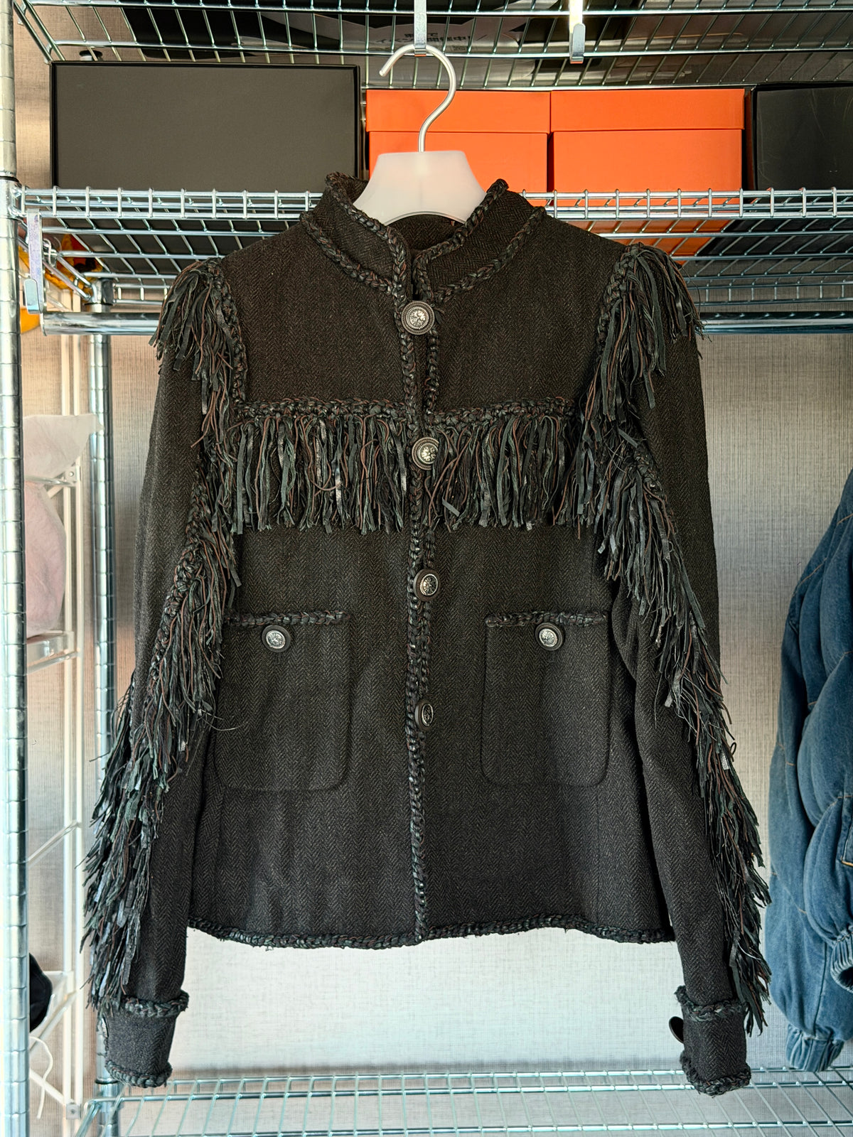 Chanel 2014A Dallas-Paris Leather Fringe Wool Jacket