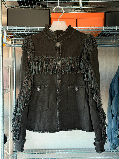 Chanel 2014A Dallas-Paris Leather Fringe Wool Jacket