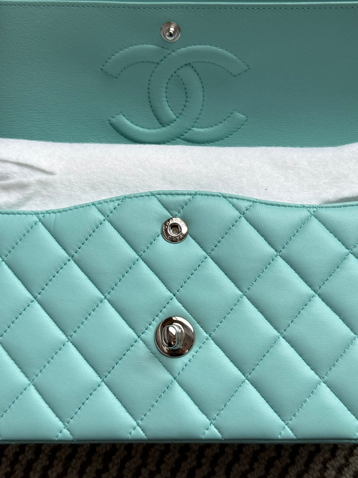 Chanel 2019C Tiffany Blue Lamb Skin Classic Flap Silver Hardware