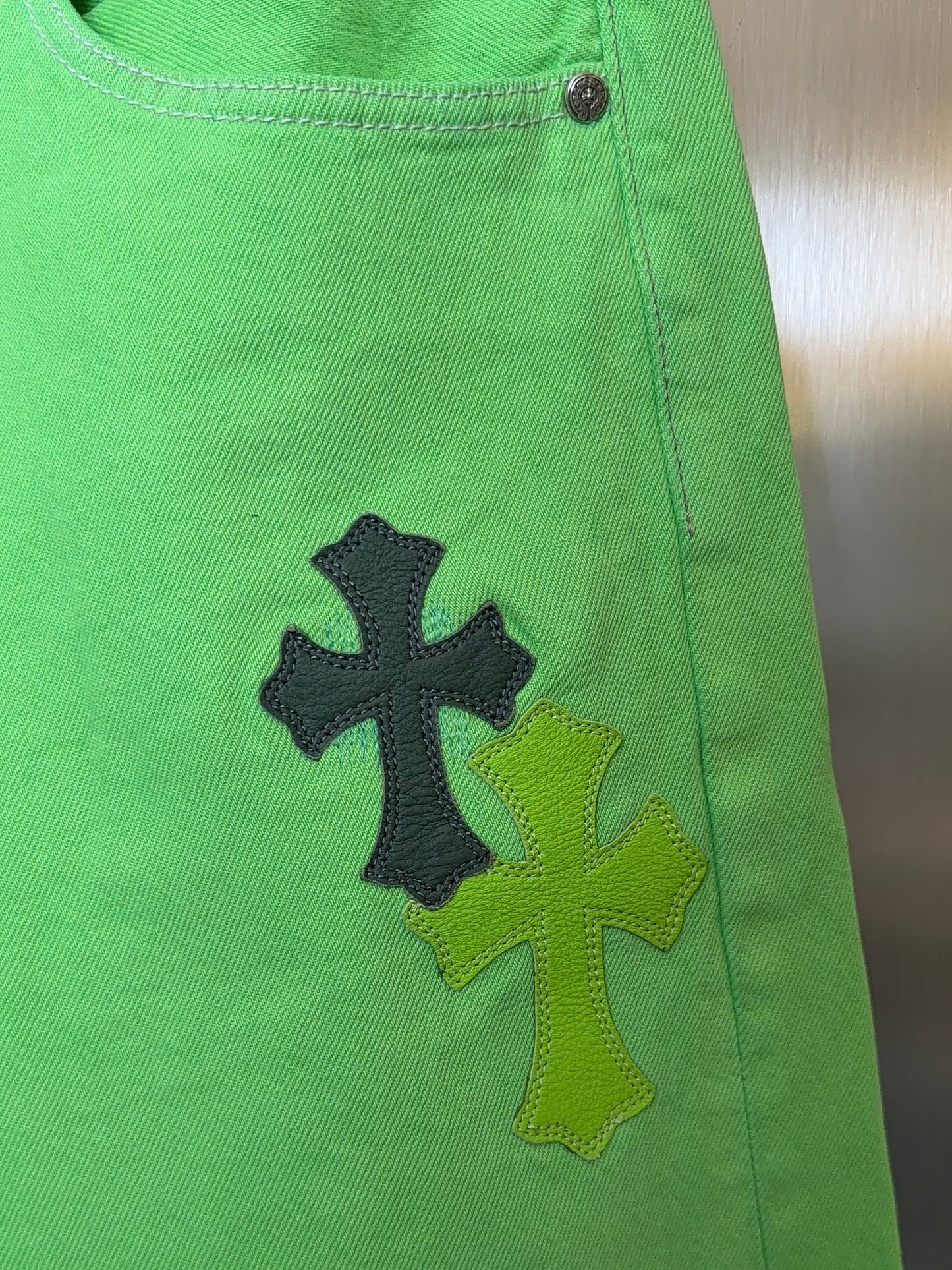 Chrome Hearts 2025 Levi’s 501 Neon Green & Black flooded Cross Patches Jeans