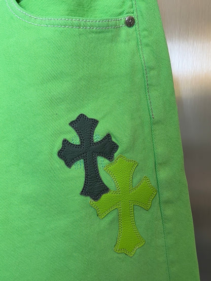 Chrome Hearts 2025 Levi’s 501 Neon Green & Black flooded Cross Patches Jeans