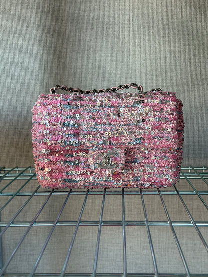 Chanel 2023C Pink Blue Multicolor Mini Sequin Flap Bag