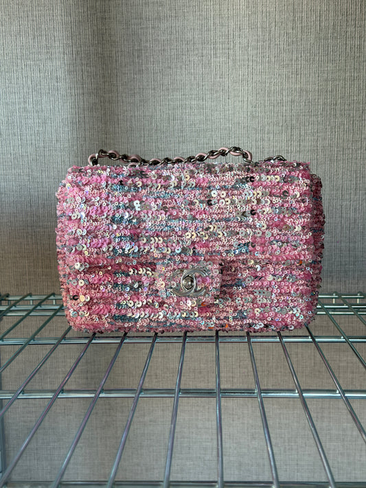 Chanel 2023C Pink Blue Multicolor Mini Sequin Flap Bag