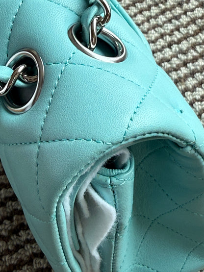 Chanel 2019C Tiffany Blue Lamb Skin Classic Flap Silver Hardware