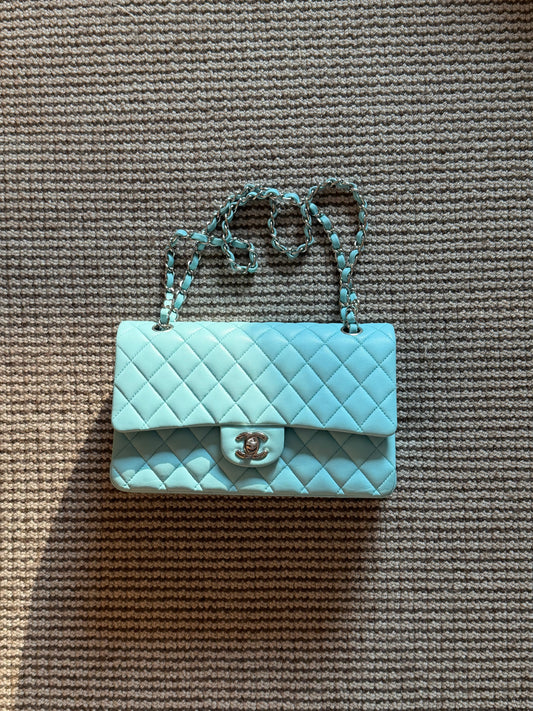 Chanel 2021 Neon Blue Medium Classic Flap Silver Hardware