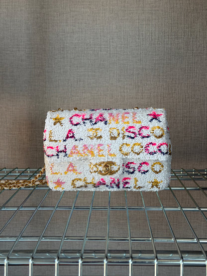 Chanel 24C Iridescent White Neon Pink Disco L.A Sequin Mini Flap Handbag