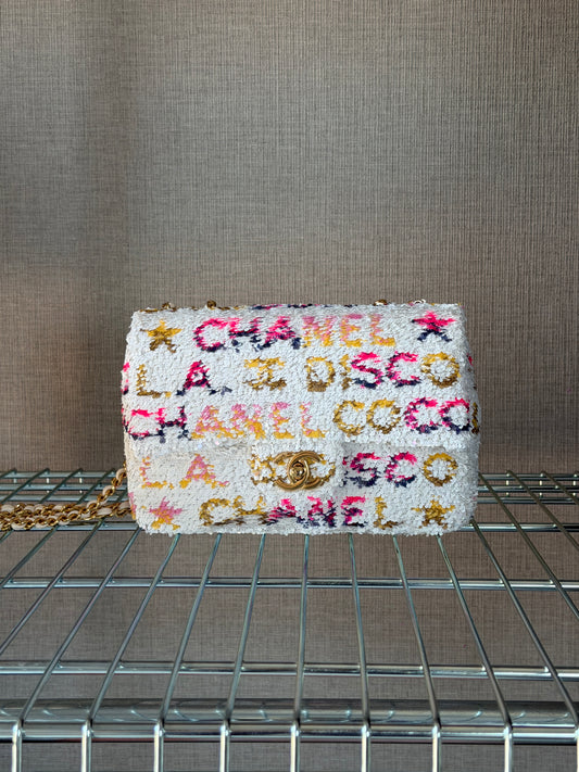 Chanel 24C Iridescent White Neon Pink Disco L.A Sequin Mini Flap Handbag
