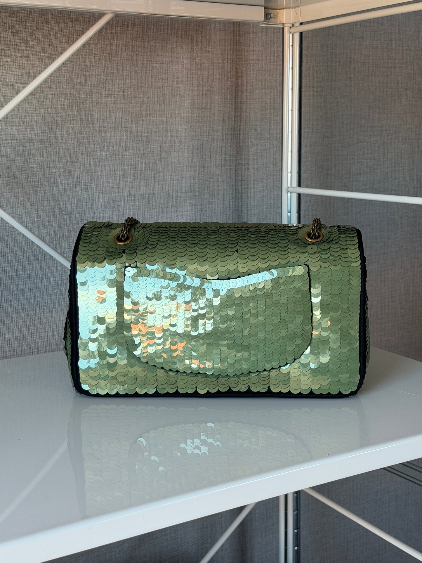 Chanel Rare 2010 Shanghai Paris Green Sequin Medium Classic Flap Bag