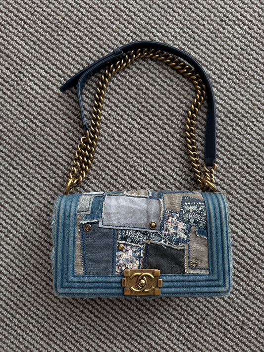 Chanel 14A Paris Dallas denim patches boy bag