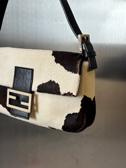 Fendi Pony Hair White/Brown Cow Print Baguette