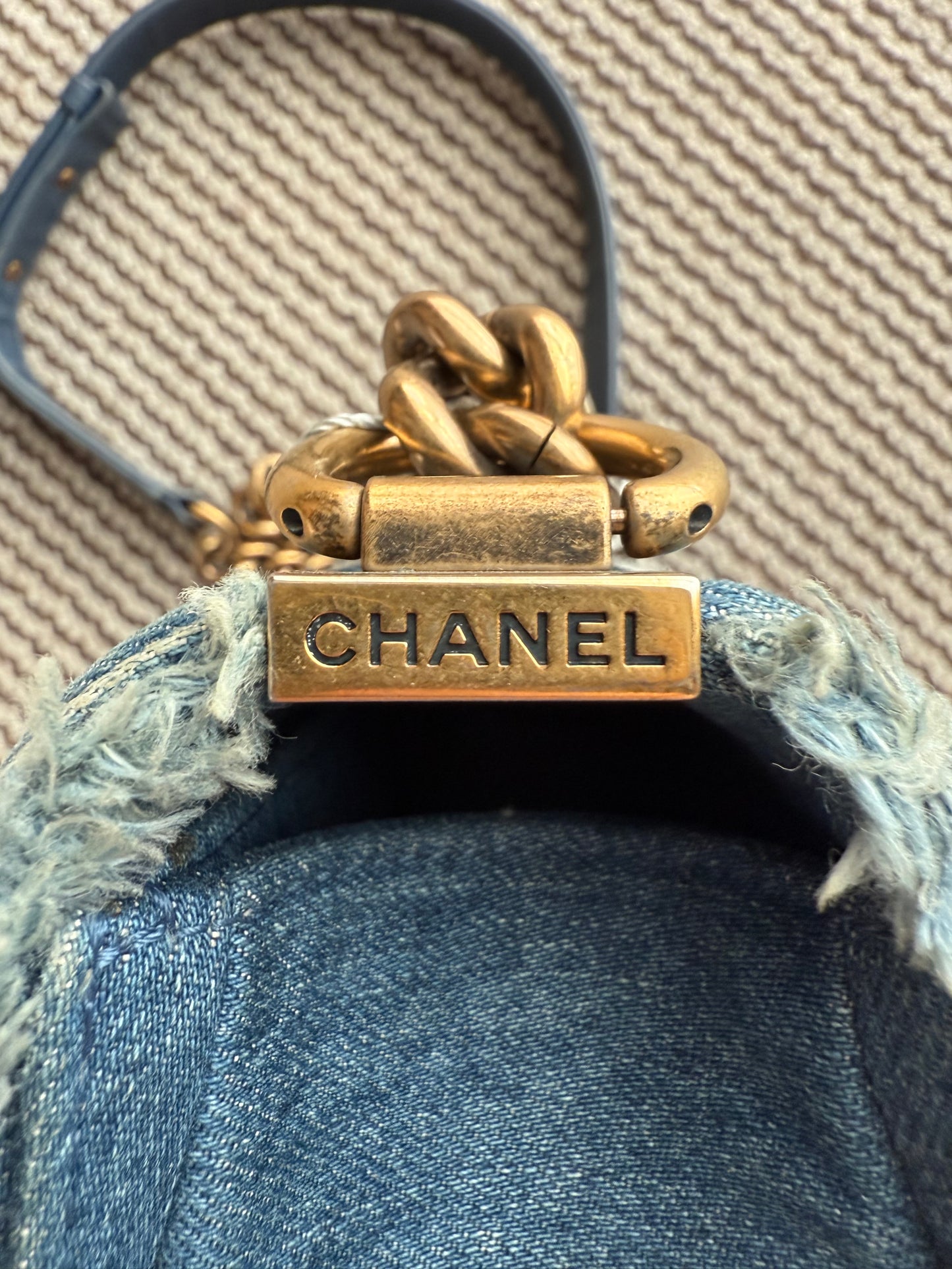 Chanel 14A Paris Dallas denim patches boy bag
