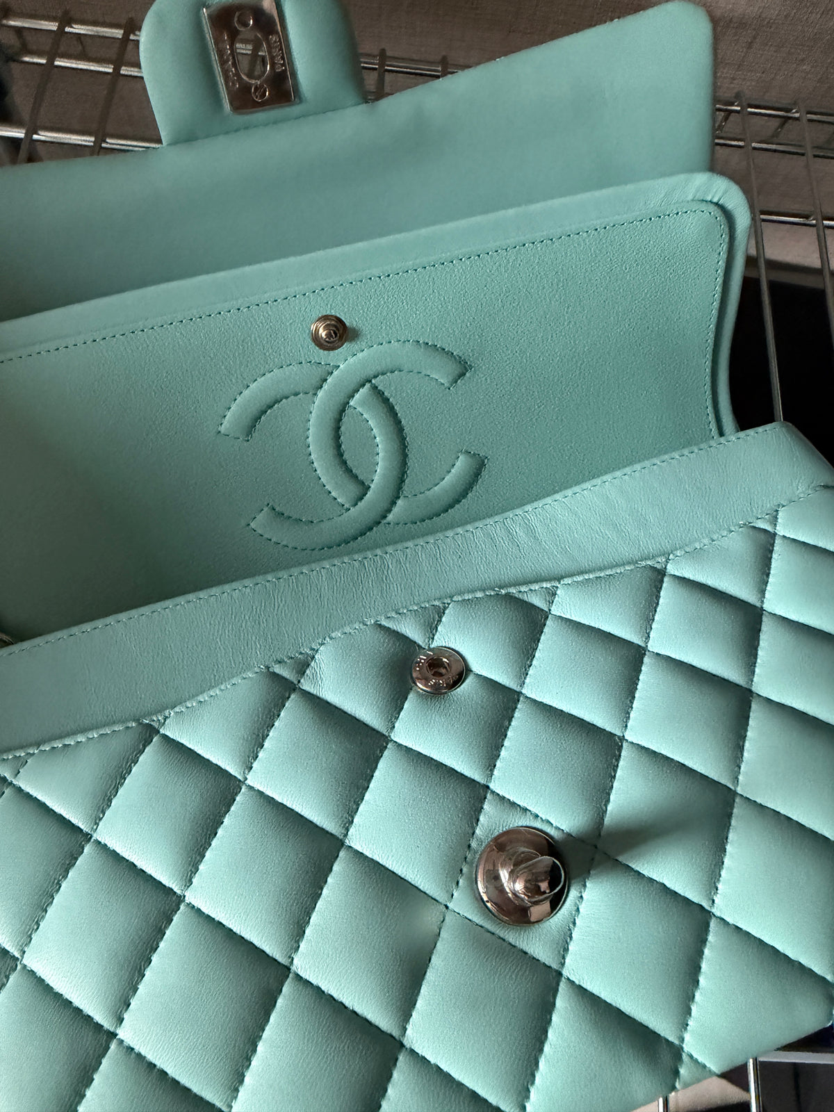 Chanel 2019C Tiffany Blue Silver Hardware Lambskin Medium Classic Flap