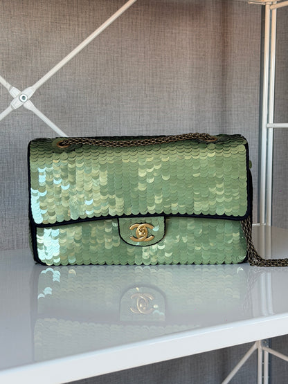 Chanel Rare 2010 Shanghai Paris Green Sequin Medium Classic Flap Bag