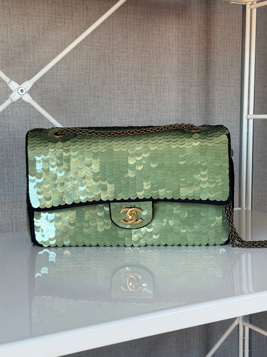 Chanel Rare 2010 Shanghai Paris Green Sequin Medium Classic Flap Bag