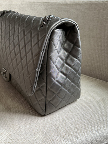 Chanel 2019 Metallic Calfskin Quilted XXL Travel Flap Bag Dark Grey