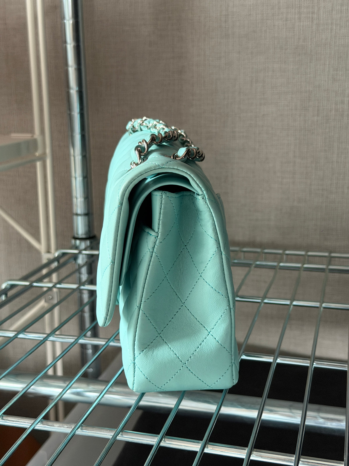 Chanel 2019C Tiffany Blue Silver Hardware Lambskin Medium Classic Flap