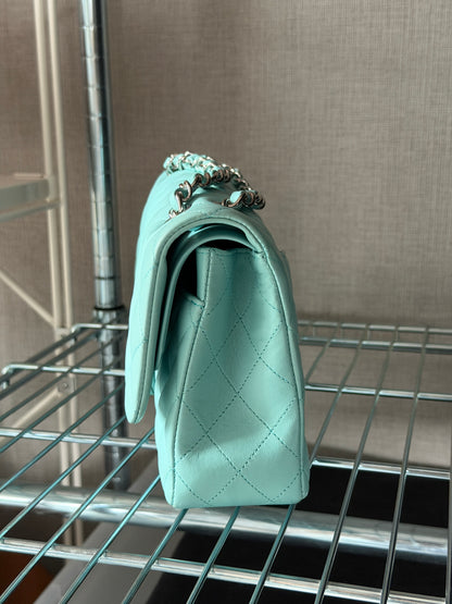 Chanel 2019C Tiffany Blue Silver Hardware Lambskin Medium Classic Flap