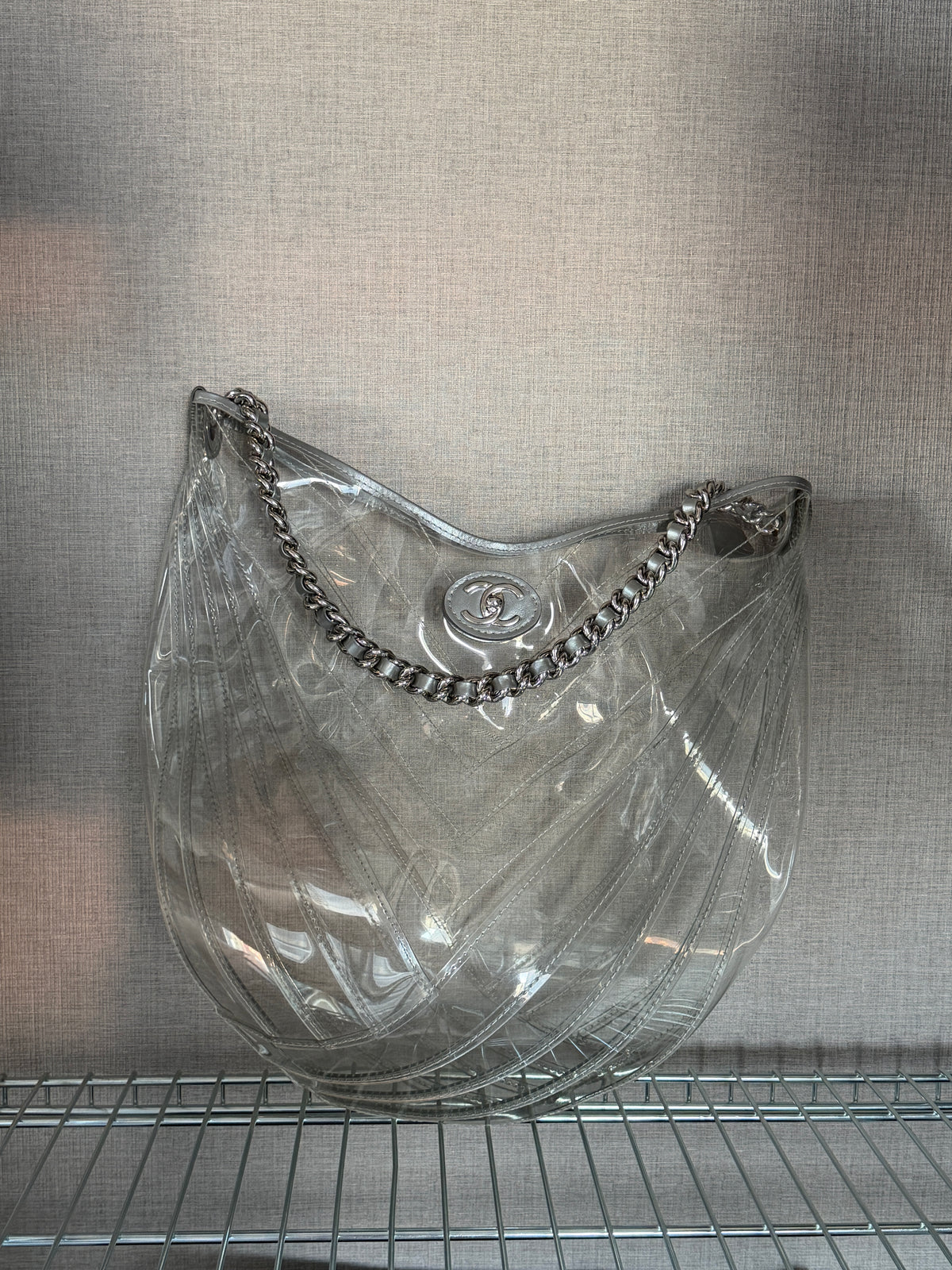 Chanel 2018 Transparent Quilted PVC Droplet Hobo Bag