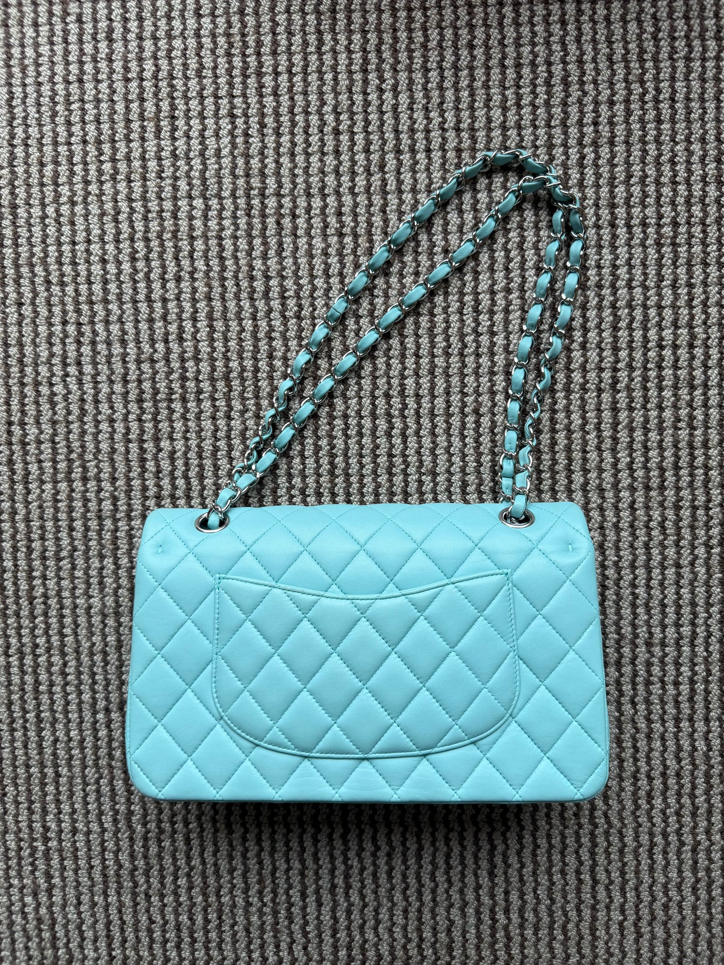 Chanel 2019C Tiffany Blue Lamb Skin Classic Flap Silver Hardware