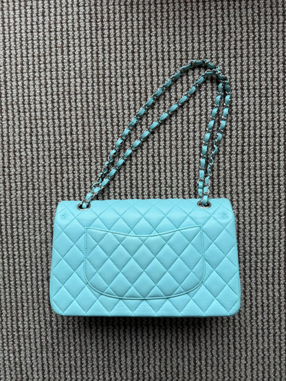 Chanel 2019C Tiffany Blue Lamb Skin Classic Flap Silver Hardware