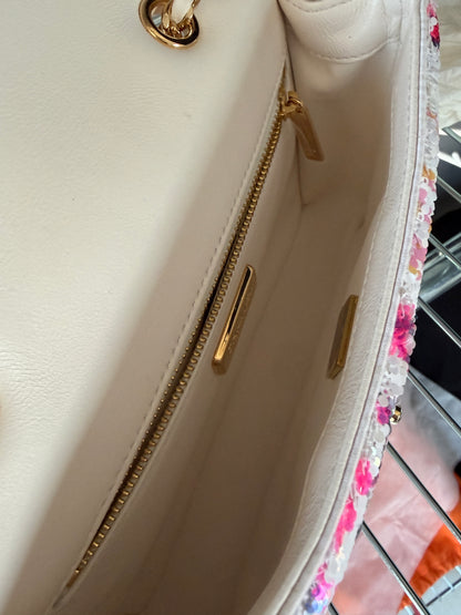 Chanel 24C Iridescent White Neon Pink Disco L.A Sequin Mini Flap Handbag