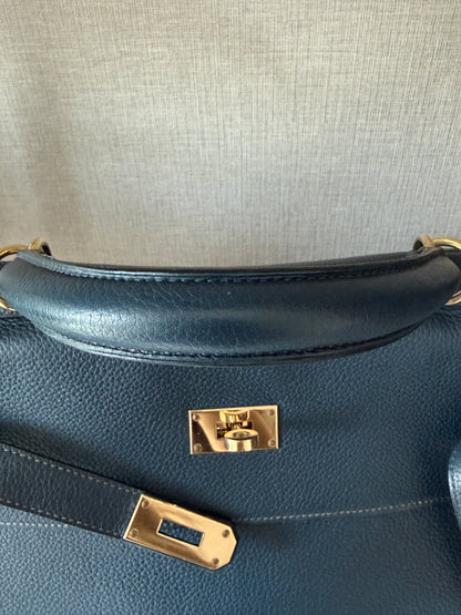 Hermes Bleu Nuit Kelly Voyage 50 Gold Hardware Handbag