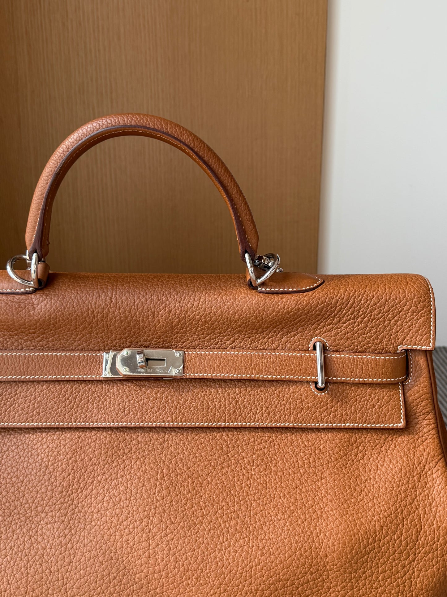 Hermes Kelly 50 Gold Taurillon Clemence Leather Palladium Hardware Handbag