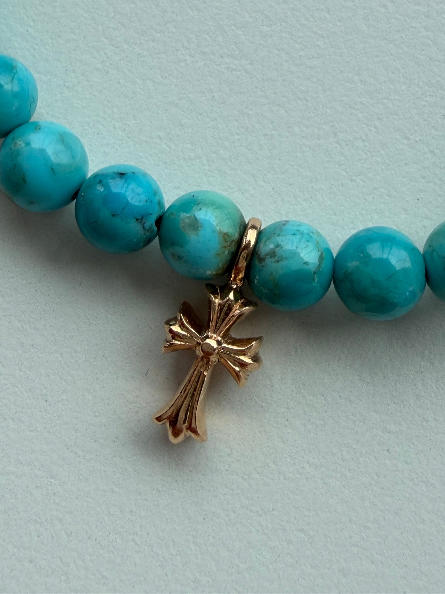 Chrome Hearts 22k Gold Cross 6mm Turquoise Beaded Bracelet