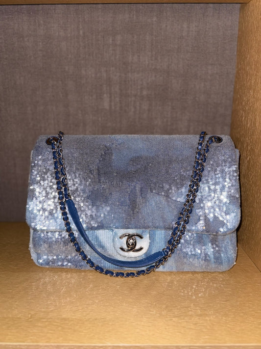 Chanel XXL Blue & Silver Sequin Classic Flap Bag