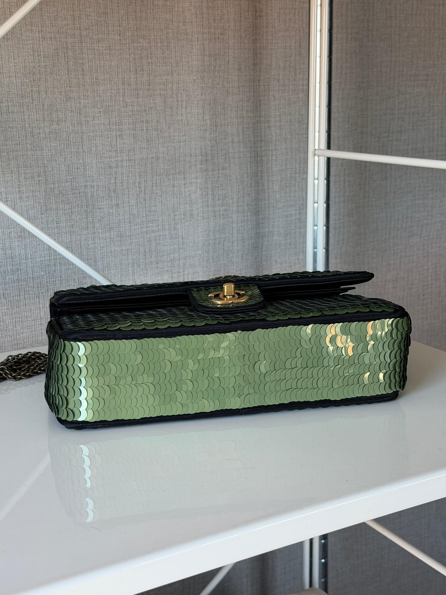 Chanel Rare 2010 Shanghai Paris Green Sequin Medium Classic Flap Bag