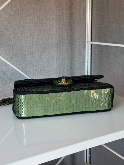 Chanel Rare 2010 Shanghai Paris Green Sequin Medium Classic Flap Bag