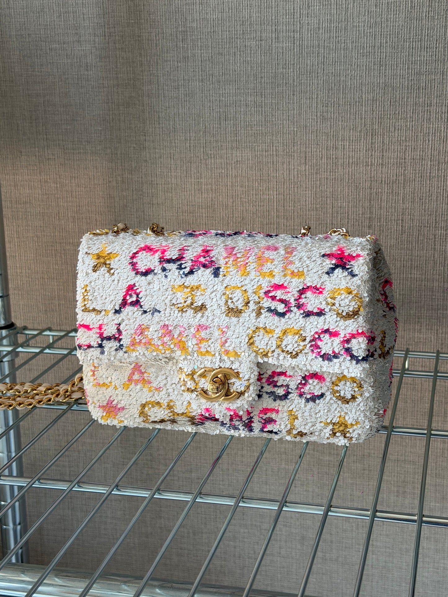 Chanel 24C Iridescent White Neon Pink Disco L.A Sequin Mini Flap Handbag