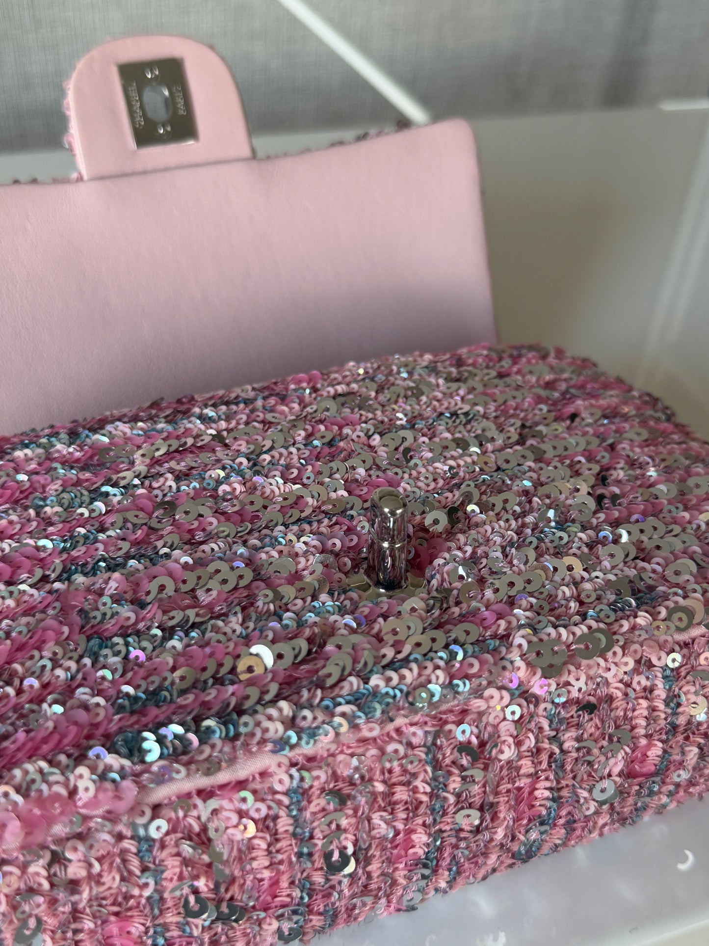 Chanel 2023C Pink Blue Multicolor Mini Sequin Flap Bag