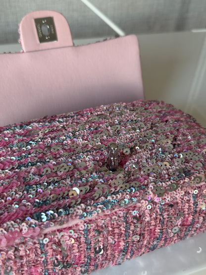 Chanel 2023C Pink Blue Multicolor Mini Sequin Flap Bag