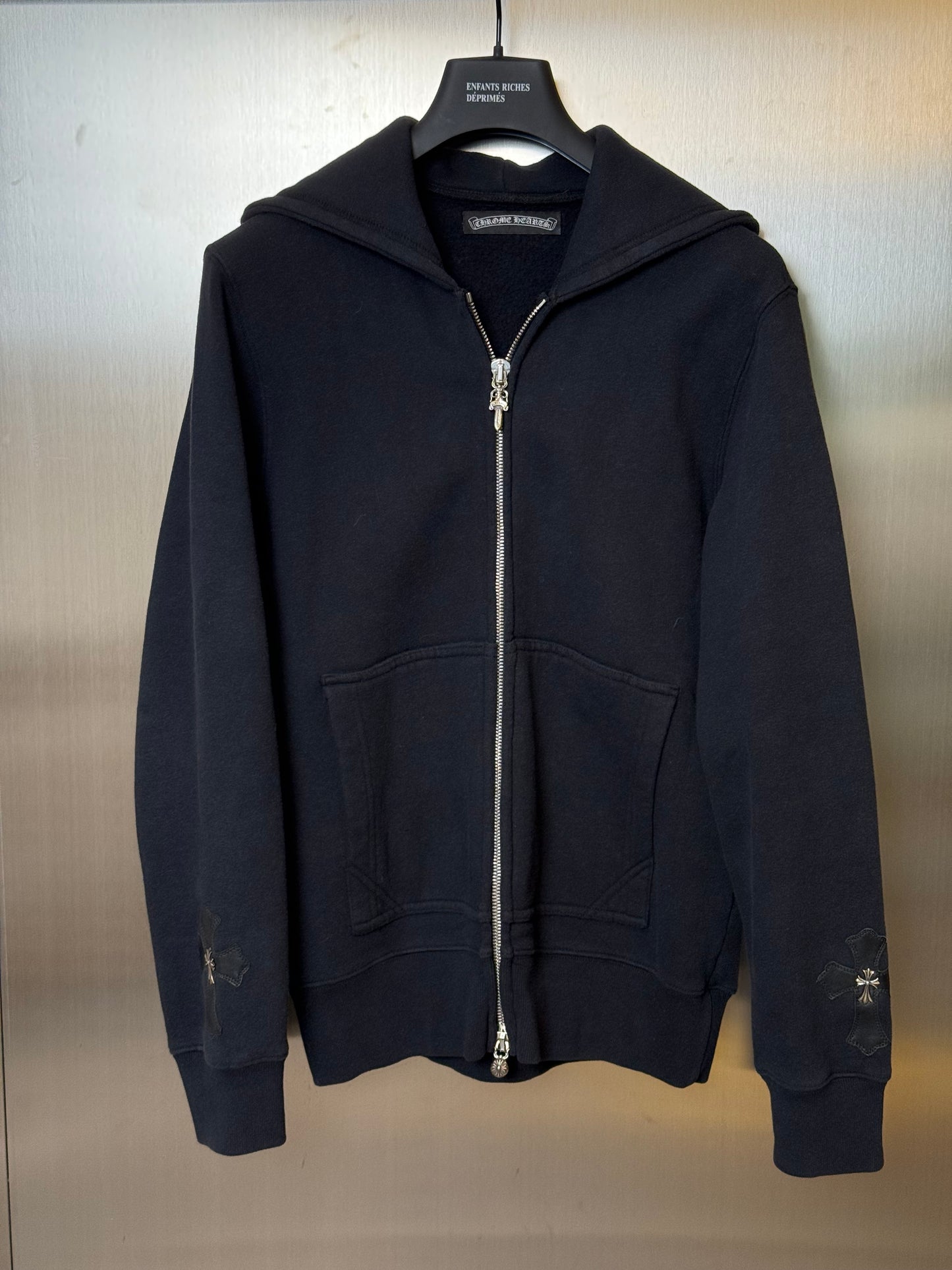 Chrome Hearts Silver Cross Leather Patches Zip Up Hoodie