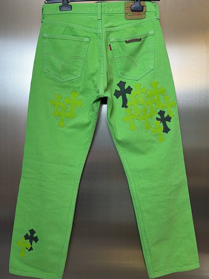 Chrome Hearts 2025 Levi’s 501 Neon Green & Black flooded Cross Patches Jeans