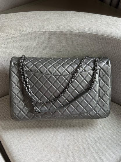 Chanel 2019 Metallic Calfskin Quilted XXL Travel Flap Bag Dark Grey
