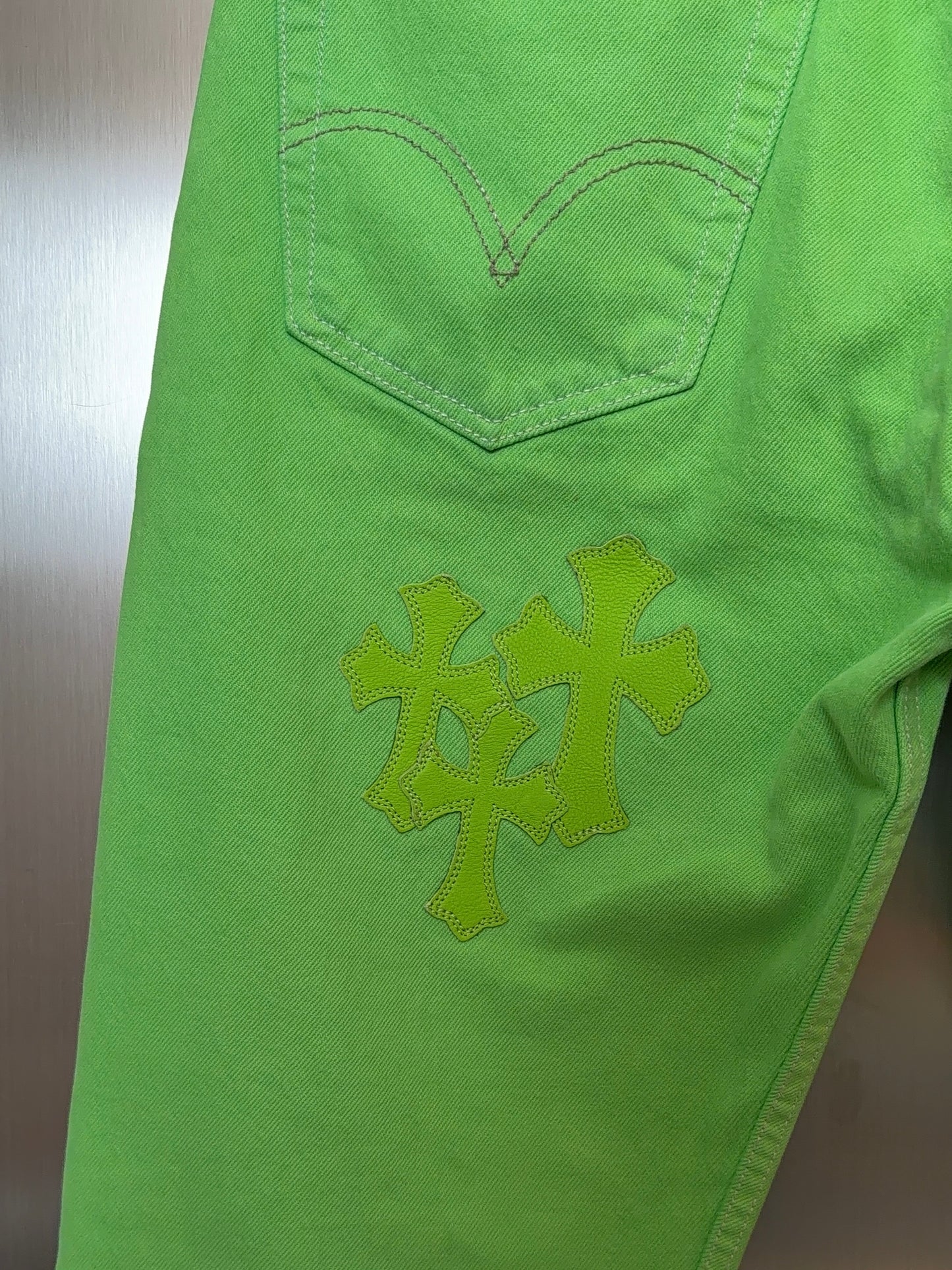 Chrome Hearts 2025 Levi’s 501 Neon Green & Black flooded Cross Patches Jeans